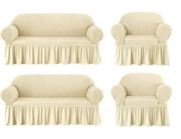 Kırören Polyester Bürümcük Fırfırlı Süngersiz Çizgili Giydirmeli Bej Dörtlü Koltuk Örtüsü 200x250 cm
