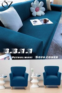 Özmakan Pamuklu - Polyester Likralı Jakarlı Süngersiz Petek Desenli Giydirmeli Mavi Dörtlü Koltuk Örtüsü 180x230 cm
