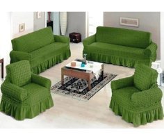 Uytm Polyester Bürümcük-Likralı Drapeli Süngerli Çizgili Giydirmeli Yeşil Dörtlü Koltuk Örtüsü 180x230 cm