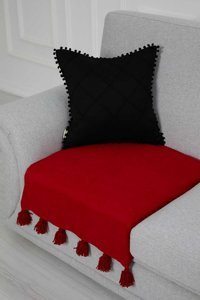Aisha's Design KO-19-T Polyester Örgü Püsküllü Süngersiz Düz Kırmızı Tekli Koltuk Örtüsü 34x48 cm