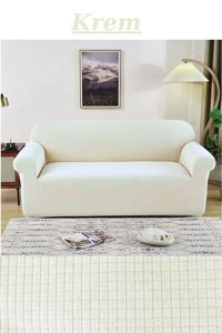 Kanway Polyester Likralı Süngersiz Düz Giydirmeli Beyaz Üçlü Koltuk Örtüsü 180x230 cm