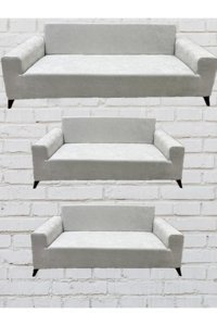 Şahane Ev Kadife Likralı Jakarlı Süngersiz Düz Giydirmeli Bej Üçlü Koltuk Örtüsü 5x110 cm