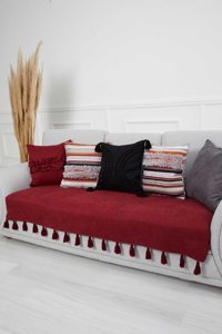 Aisha's Design KO-19 Polyester Örgü Püsküllü Süngersiz Düz Bordo Tekli Koltuk Örtüsü 34x48 cm