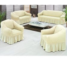 Nusret Pamuklu Bürümcük Fırfırlı Süngersiz Kareli Giydirmeli Bej Dörtlü Koltuk Örtüsü 180x230 cm
