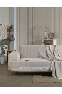 Lux Touch Lily Pamuklu Püsküllü Süngersiz Geometrik Desenli Hardal Tekli Koltuk Örtüsü 150x200 cm