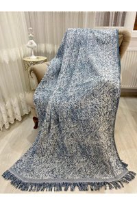 Özlü Home Pamuklu Örgü Saçaklı Süngersiz Kamuflaj Desenli Mavi Tekli Koltuk Örtüsü 170x350 cm