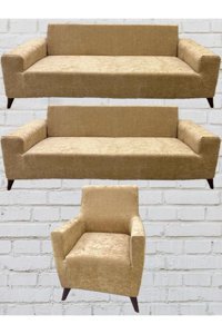Şahane Ev Babyface Kadife Likralı Jakarlı Süngersiz Düz Giydirmeli Lastikli Kaymaz Kahverengi Üçlü Koltuk Örtüsü 5x110 cm