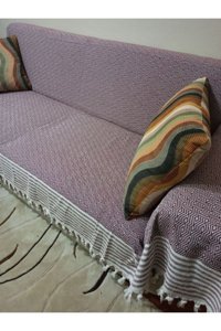 Şener Home Pamuklu Polar Saçaklı Süngersiz Çizgili Bordo Tekli Koltuk Örtüsü 170x301 cm