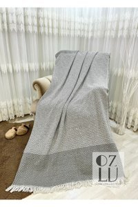 Özlü Home Pamuklu Örgü Saçaklı Süngersiz Geometrik Desenli Haki Tekli Koltuk Örtüsü 170x210 cm