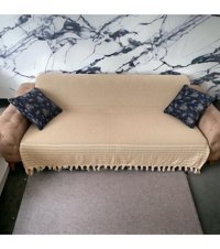 Taşkın Home Pamuklu Polar Saçaklı Süngersiz Geometrik Desenli Bej Tekli Koltuk Örtüsü 220x180 cm
