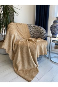 Koçhan Manifatura Pamuklu Jakarlı Süngerli Çizgili Bej Tekli Koltuk Örtüsü 175x215 cm