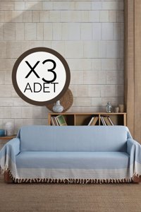 Lux Touch Pamuklu Püsküllü Süngersiz Geometrik Desenli Mavi Üçlü Koltuk Örtüsü 180x300 cm
