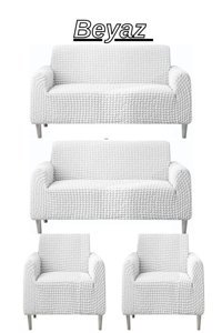 Uytm Polyester Bürümcük-Likralı Süngerli Çizgili Giydirmeli Beyaz Dörtlü Koltuk Örtüsü 180x230 cm