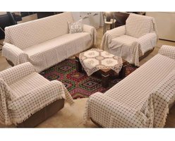 Buldan Pamuklu Kanvas Püsküllü Süngersiz Ekoseli Kahverengi Sekizli Koltuk Örtüsü 175x300 cm