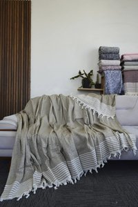 Osmanlı Home Concept Pamuklu Örgü Saçaklı Süngersiz Çizgili Kahverengi Üçlü Koltuk Örtüsü 180x300 cm