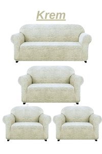 Uytm Likralı Jakarlı Süngerli Çizgili Giydirmeli Bej Dörtlü Koltuk Örtüsü 180x230 cm
