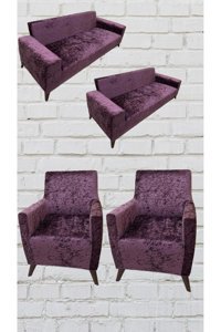 Şahane Ev Kadife Likralı Jakarlı Süngersiz Çizgili Giydirmeli Mor Üçlü Koltuk Örtüsü 155x220 cm
