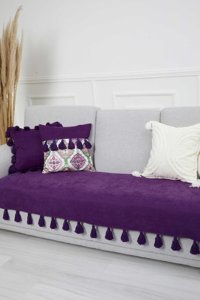 Aisha's Design KO-19 Polyester Örgü Püsküllü Süngersiz Düz Mor Tekli Koltuk Örtüsü 34x48 cm