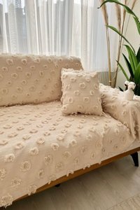 Best House Decor Pamuklu Püsküllü Süngersiz Geometrik Desenli Bej Tekli Koltuk Örtüsü 180x300 cm