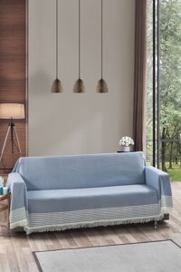 Vagonik Royal Pamuklu - Polyester Polar Saçaklı Süngersiz Düz Mavi Tekli Koltuk Örtüsü 180x300 cm