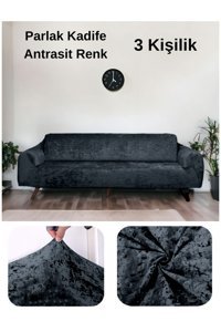 Etles Home Kadife Likralı Jakarlı Süngersiz Armürlü Giydirmeli Gri Üçlü Koltuk Örtüsü 80x120 cm