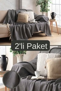 Miracolo Home Pamuklu Püsküllü Süngersiz Çizgili Siyah İkili Koltuk Örtüsü 170x230 cm