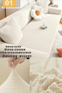 Özmakan Pamuklu - Polyester Likralı Jakarlı Süngersiz Çizgili Giydirmeli Bej Üçlü Koltuk Örtüsü 180x230 cm