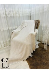 Özlü Home Seraser Pamuklu - Polyester Örgü Saçaklı Süngersiz Çizgili Bej Tekli Koltuk Örtüsü 170x210 cm