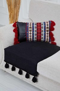 Aisha's Design KO-26-T Polyester Örgü Püsküllü Süngersiz Düz Siyah Tekli Koltuk Örtüsü 90x75 cm