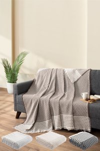 Teksnil Home Pamuklu Polar Saçaklı Süngersiz Geometrik Desenli Kahverengi Tekli Koltuk Örtüsü 170x200 cm