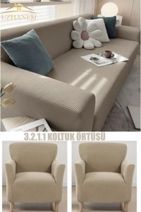 Uzhanem Polyester Bürümcük-Likralı Süngerli Petek Desenli Giydirmeli Lacivert Dörtlü Koltuk Örtüsü 183x230 cm