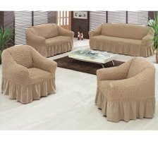 Uytm Polyester Bürümcük-Likralı Drapeli Süngerli Düz Giydirmeli Bej Dörtlü Koltuk Örtüsü 180x230 cm