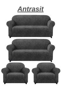 Kanway Likralı Jakarlı Süngersiz Kırçıllı Giydirmeli Gri 3-3-1-1 Koltuk Örtüsü 180x230 cm