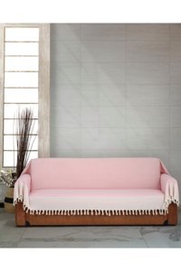 Genç Uludağ Pamuklu Püsküllü Süngersiz Çizgili Pembe Tekli Koltuk Örtüsü 180x300 cm