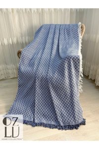 Özlü Home Pamuklu - Polyester Örgü Saçaklı Süngersiz Geometrik Desenli Lacivert Tekli Koltuk Örtüsü 170x220 cm