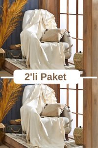Miracolo Home Pamuklu Püsküllü Süngersiz Geometrik Desenli Ekru İkili Koltuk Örtüsü 120x150 cm