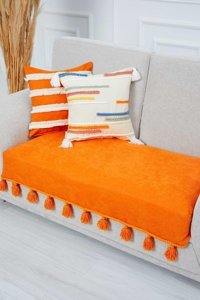 Aisha's Design KO-26-IK Polyester Örgü Püsküllü Süngersiz Düz Turuncu Tekli Koltuk Örtüsü 90x155 cm