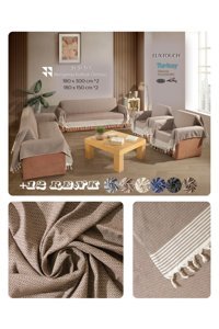 Lux Touch Bergama Pamuklu Püsküllü Süngersiz Geometrik Desenli Kaymaz Kahverengi Dörtlü Koltuk Örtüsü 180x300 cm