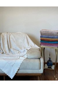 Poyraz Garanti Akrilik Nubuk Jakarlı Süngersiz Geometrik Desenli Bej Tekli Koltuk Örtüsü 180x220 cm