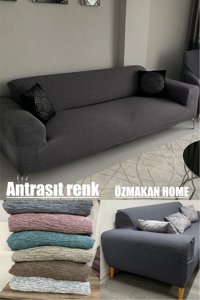 Özmakan Likralı Jakarlı Süngersiz Çizgili Giydirmeli Antrasit Tekli Koltuk Örtüsü 180x230 cm