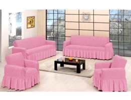 Lady Bella Elite Home Style Pamuklu Bürümcük Fırfırlı Süngersiz Kareli Giydirmeli Pembe Dörtlü Koltuk Örtüsü 100x230 cm