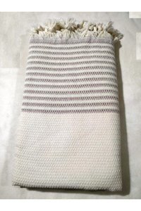 Mandaş Pamuklu Püsküllü Süngersiz Çizgili Bej Tekli Koltuk Örtüsü 180x220 cm