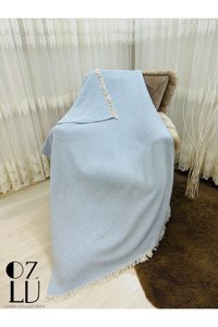 Özlü Home Atlas Pamuklu - Polyester Örgü Saçaklı Süngersiz Çizgili Kaymaz Mavi Tekli Koltuk Örtüsü 170x210 cm