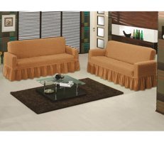 Bilgiçler Pamuklu - Polyester Bürümcük Fırfırlı Süngersiz Giydirmeli Lastikli Hardal İkili Koltuk Örtüsü 110x210 cm
