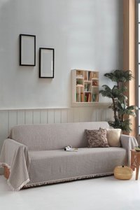 Ladynil Pamuklu Saçaklı Süngersiz Çizgili Kahverengi Tekli Koltuk Örtüsü 180x320 cm