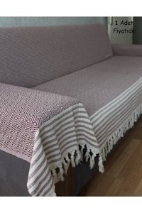 Coperta Pamuklu Kanvas Püsküllü Süngersiz Armürlü Bordo Üçlü Koltuk Örtüsü 180x300 cm