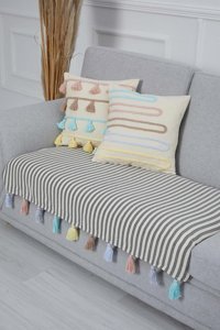 Aisha's Design KO-20-IK Pamuklu Püsküllü Süngersiz Çizgili Mavi Tekli Koltuk Örtüsü 90x155 cm