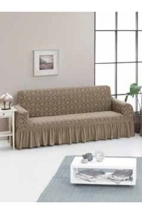 Consept Home Pamuklu - Polyester Likralı Jakarlı Süngersiz Giydirmeli Gri Üçlü Koltuk Örtüsü 85x213,5 cm