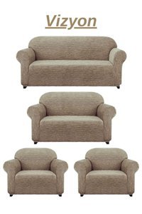 Heytgah Jakarlı Süngersiz Düz Giydirmeli Vizon 3-2-1-1 Koltuk Örtüsü 180x230 cm