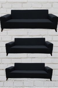 Şahane Ev Mikro Polyester Likralı Jakarlı Süngersiz Düz Giydirmeli Lastikli Antrasit Üçlü Koltuk Örtüsü 55x13 cm